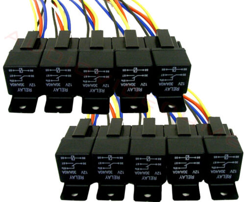 10 Absolute 12V 30/40 Amp SPDT Automotive Marine Bosch / Tyco Style 5 Pin Relay + Harness Socket