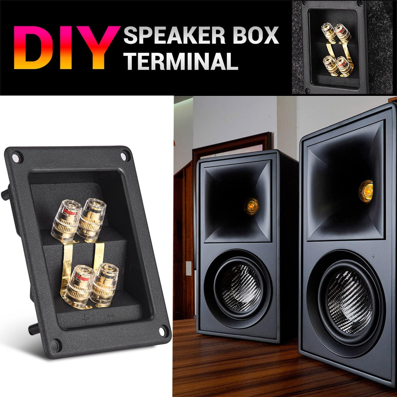 American Terminal 2PCS Rectangle 4-Way Speaker Box Terminal Cup with Banana Plugs, Screw Type Binding Post Subwoofer Box Speaker Terminal Plates for DIY Home Car Stereo Speaker & Subwoofer