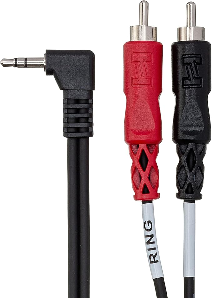 Hosa CMR-203R Stereo Breakout Cable - Right-angle 3.5mm TRS Male to Left and Right RCA Male - 3 foot