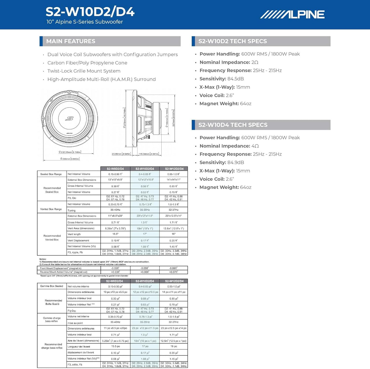 Alpine S2-W10D2 10" S-Series Dual 2 Ohm Car Subwoofer, 1800W Max, 600W RMS