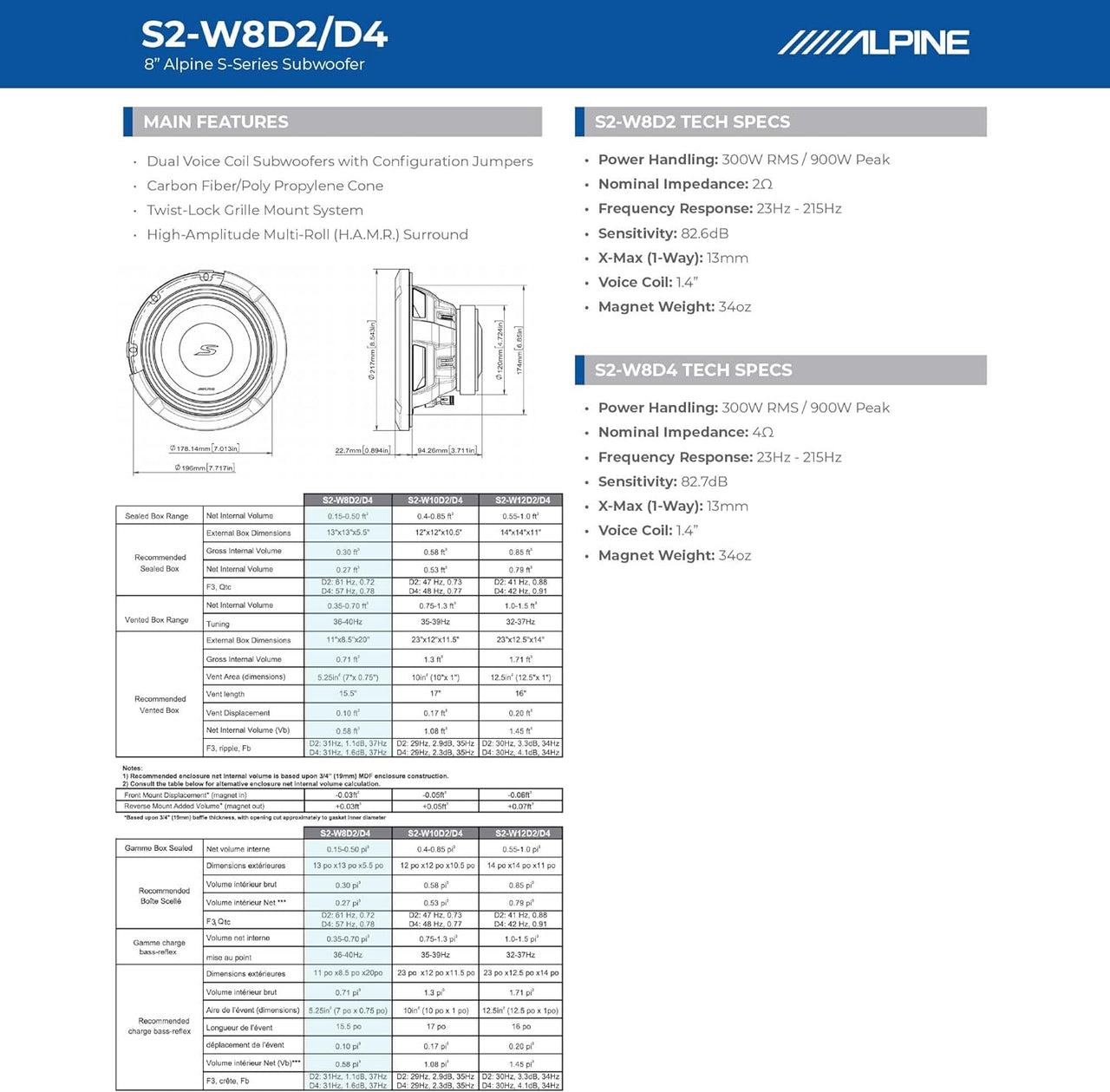 Alpine S2-W8D2 8" S-Series Dual 2 Ohm Car Subwoofer, 900W Max, 300W RMS