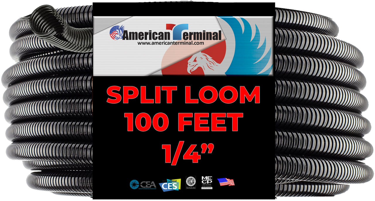 American Terminal 100 Ft. 1/4" Split Wire Loom Conduit Polyethylene Tubing Black