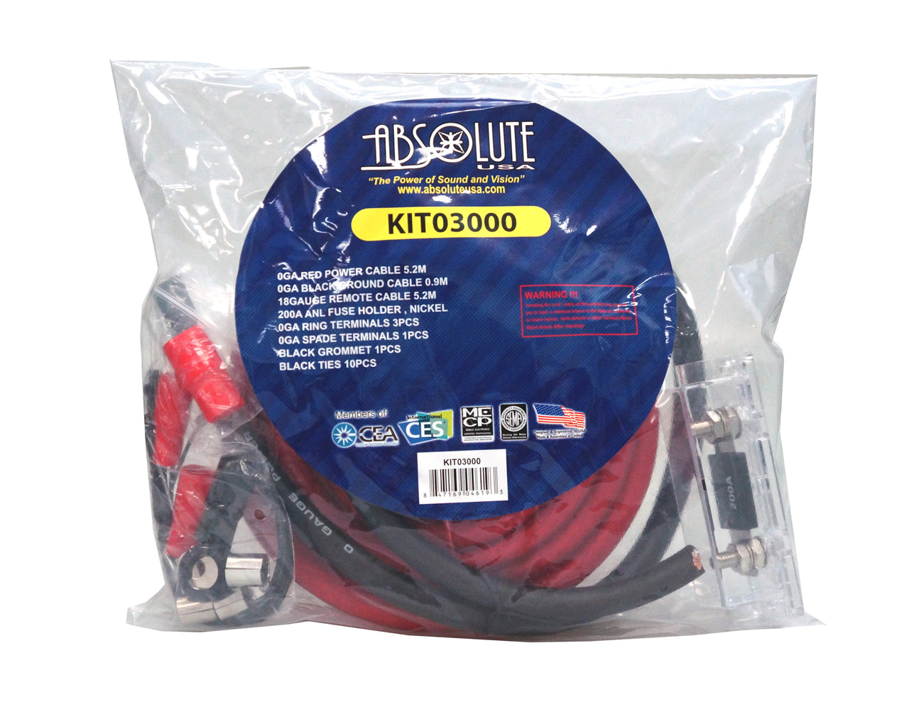 Absolute KIT03000 0 Gauge Amp Kit Amplifier Install Wiring Pro Installation Cables 3000W