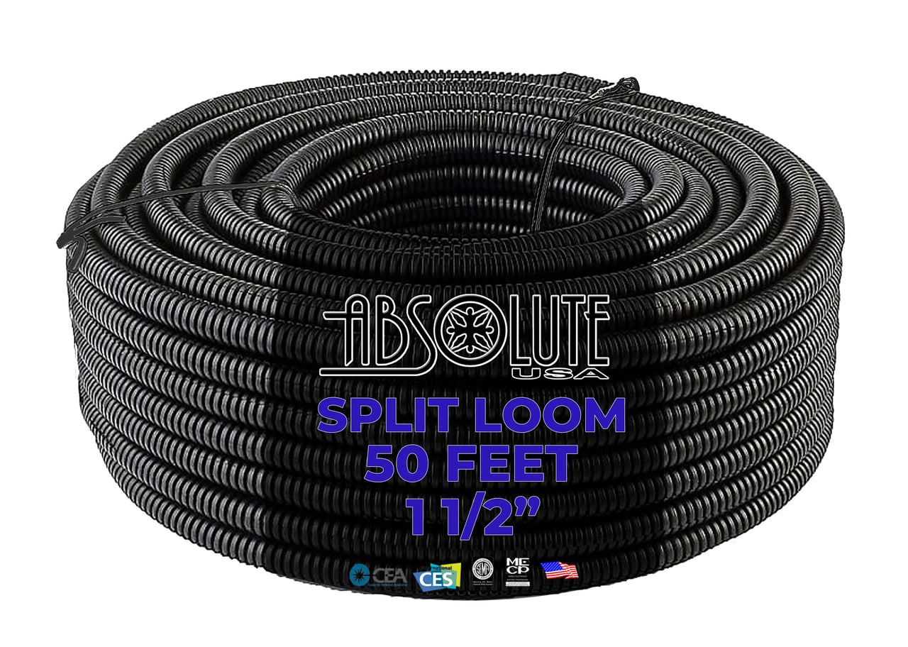 Absolute SLT112-50 50' 1 1/2" 38mm Split Wire Loom Conduit Polyethylene Corrugated Tubing Sleeve Tube