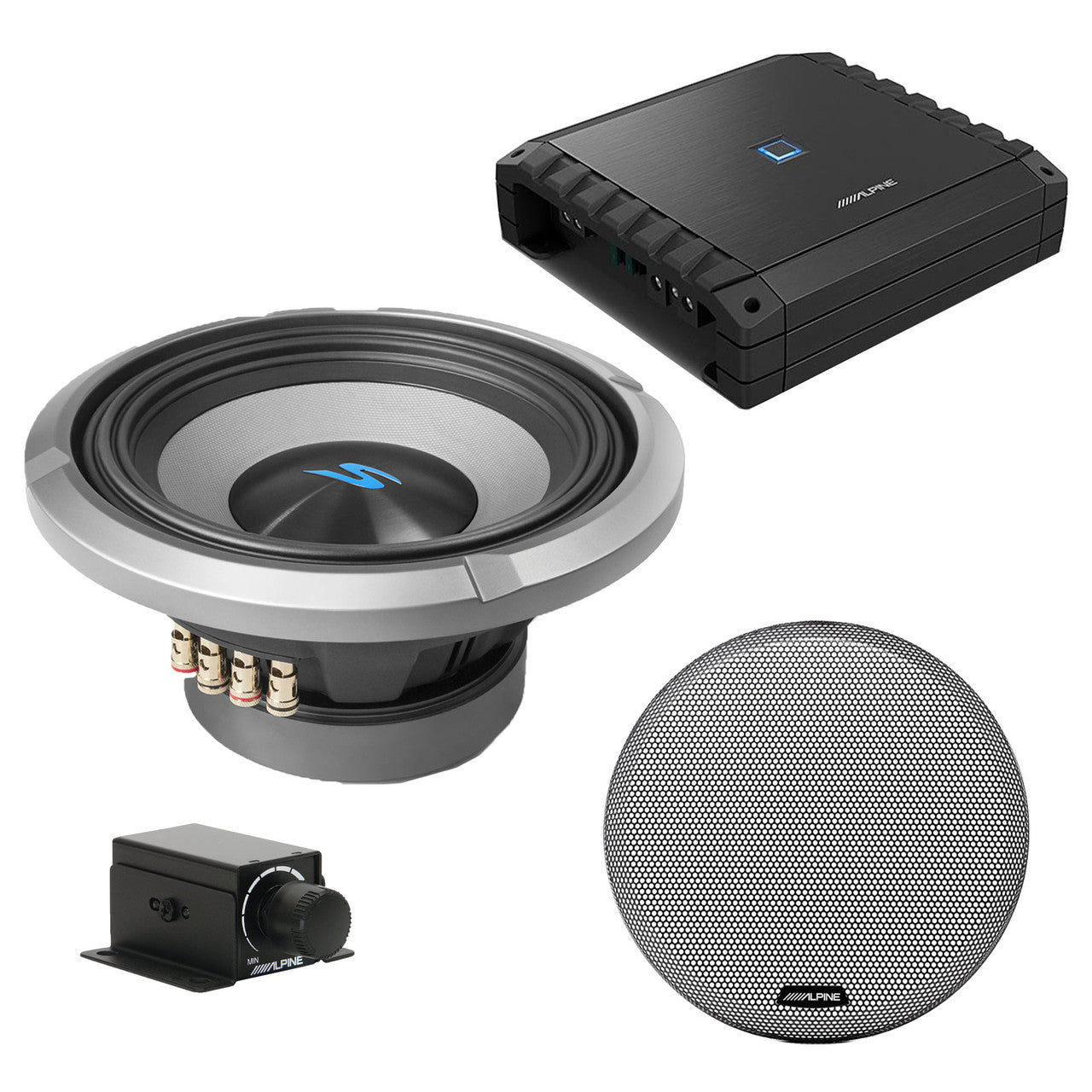 Alpine S2-A60M Class-D Amp & S2-W10D2 10" Dual 2-Ohm Sub & Grill & RUX bundle