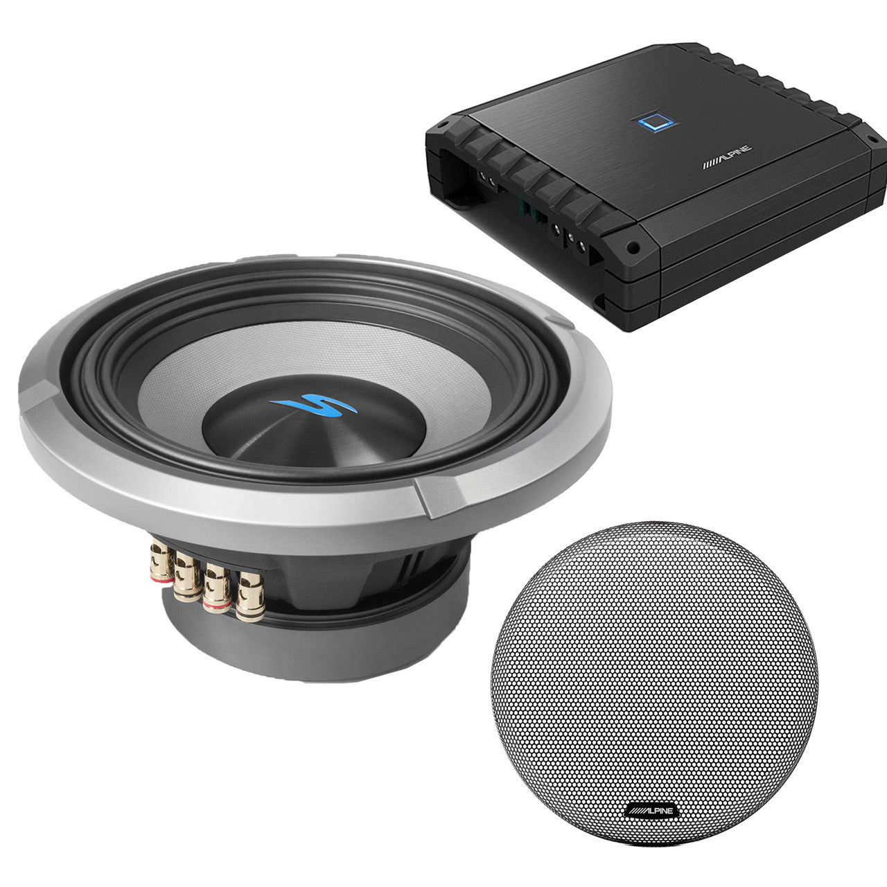 Alpine S2-A60M Class-D Amp & S2-W10D2 10" Dual 2-Ohm Sub & Grill bundle