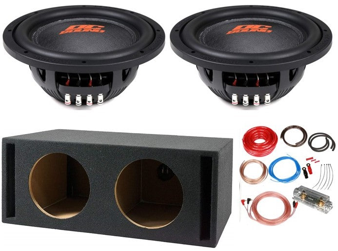 2 DC Sound DSW2000 10" Shallow-Mount Subwoofer 2000W + Ported Box + 0G Amp Kit