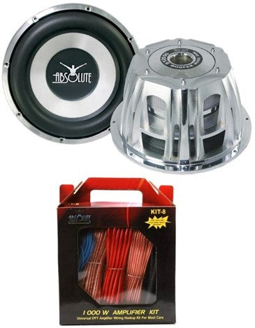 Absolute ST-1500 2000W 10" Dual 4-Ohm Car Subwoofer + 8 Gauge Amp Kit