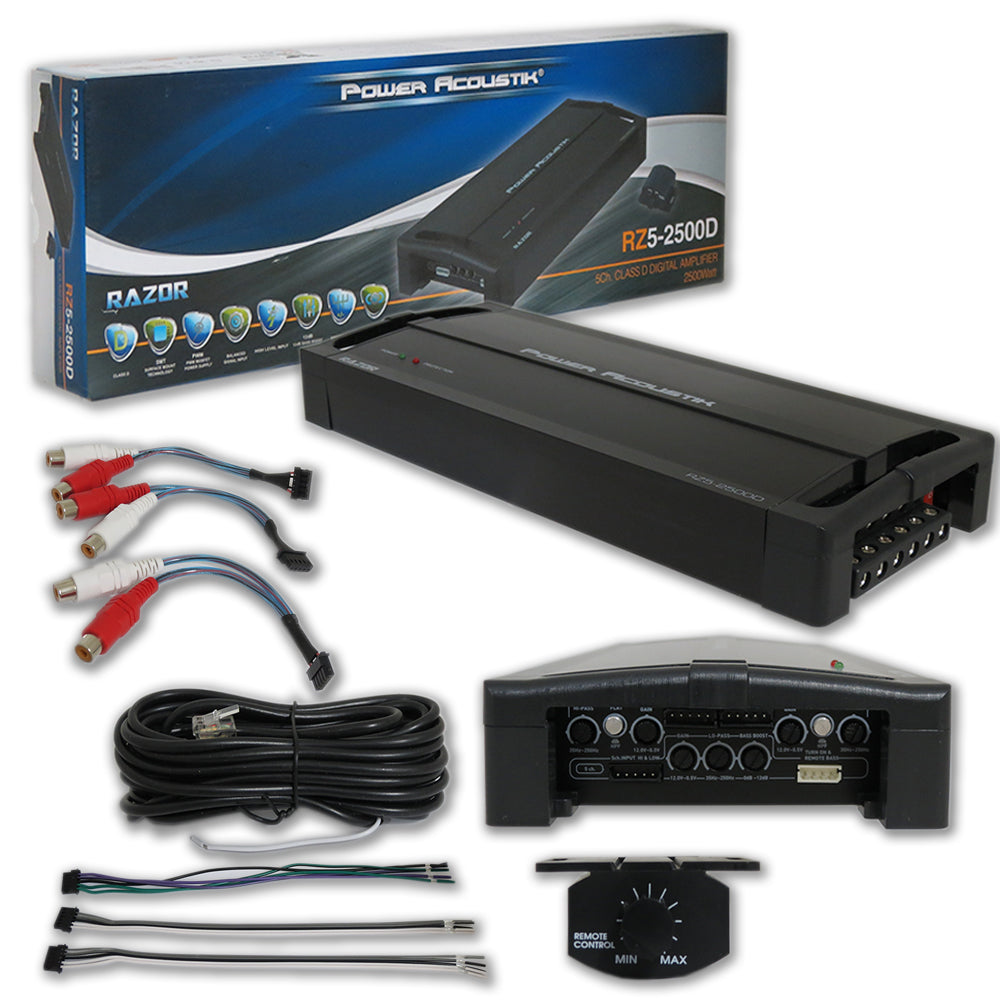Power Acoustik RZ5-2500D RAZOR Series 5 Channel Amplifier + 4 Gauge Amp Kit
