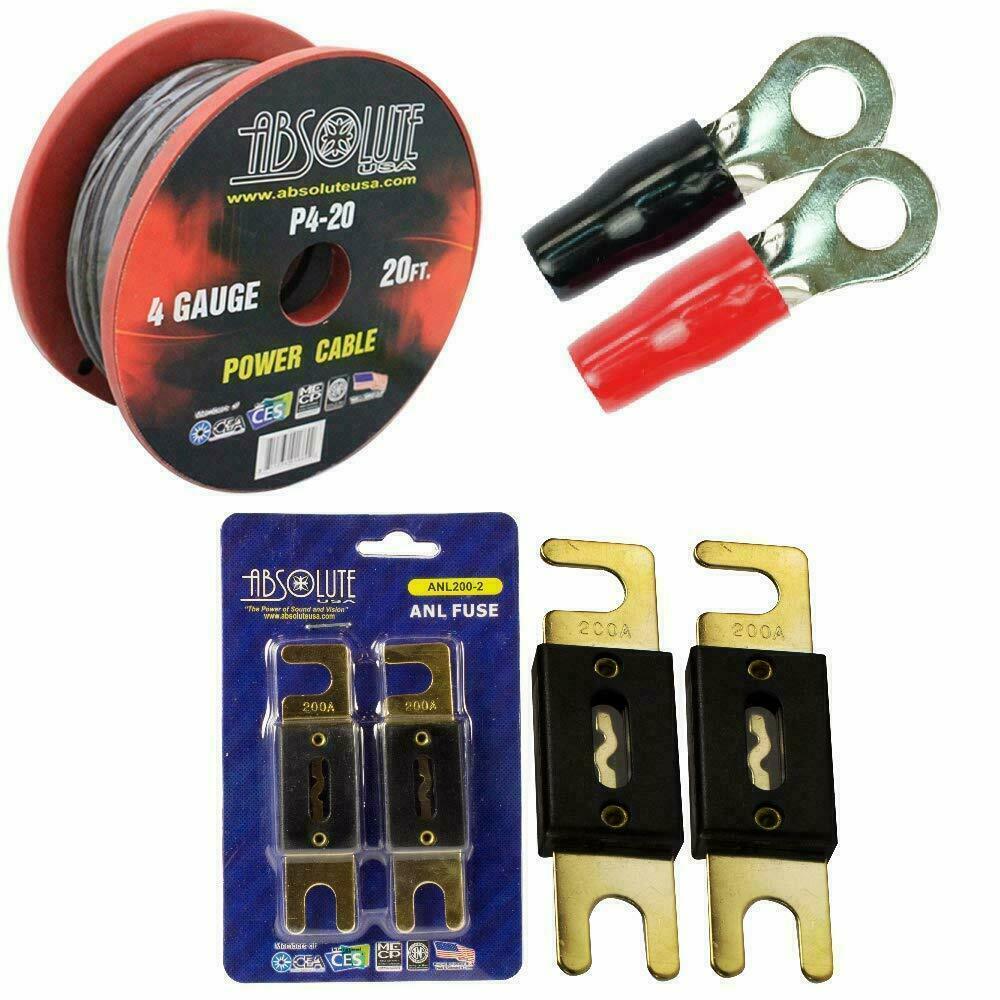 Absolute P4-20-BLUE 20 ft. Wire with Chrome Black Boot 4 Gauge 5/16" Terminal and 200Amp ANL Fuse
