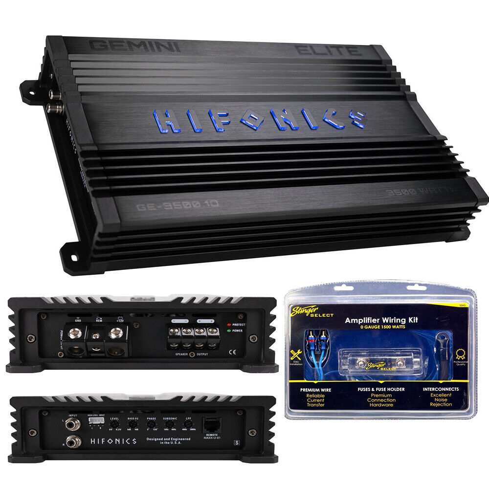 Hifonics GE3500.1D GEMINI ELITE 3500 Watt Peak Car Audio Subwoofer Mono Amplifier + AMP KIT