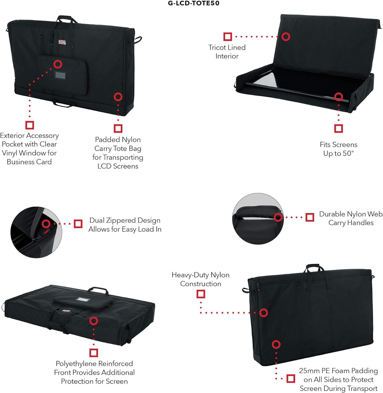 Gator Cases G-LCD-TOTE50 Padded Nylon Carry Tote Bag for Transporting LCD Screens, Monitors and TVs; Fits 50" Screens