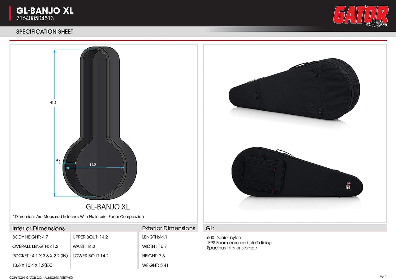 Gator Cases GL-BANJO-XL Lightweight Polyfoam Banjo Case for Full Size Banjos