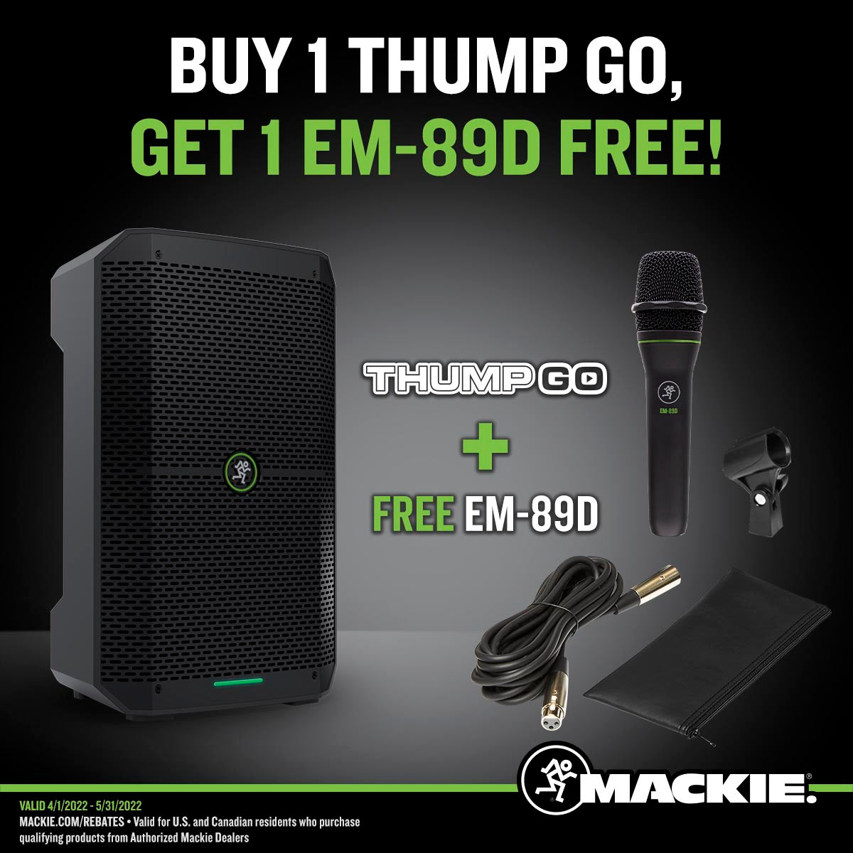 Mackie Thump GO 8" Battery-Powered Loudspeaker+ Speaker Stand+Thump Go Carry Bag+ EM89D Microphone