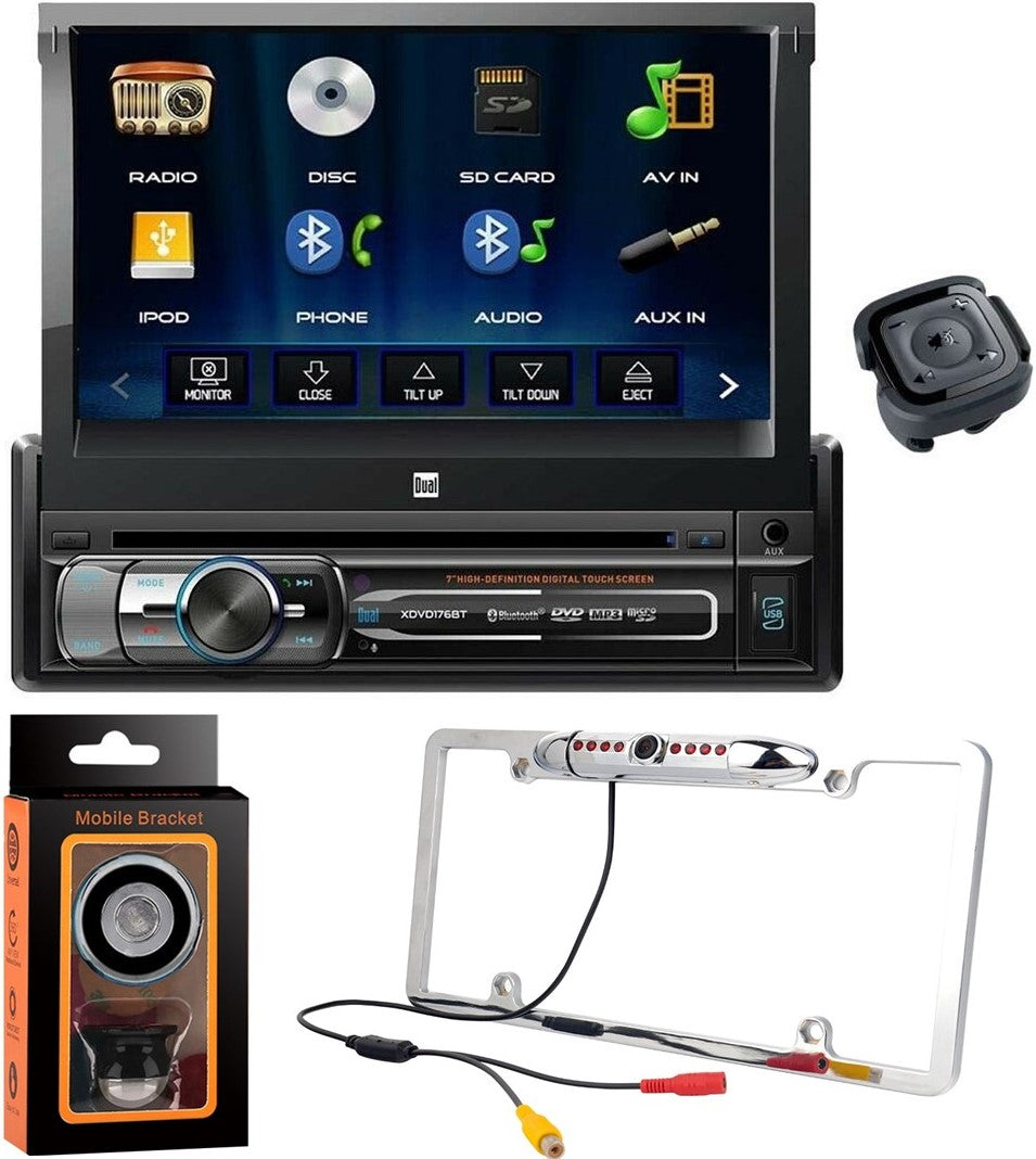 Dual Electronics XDVD176BT 7" LED Backlit Touchscreen LCD Single DIN Car Stereo + Absolute CAM1500S Rear Camera Back up + Magnet Phone Holder