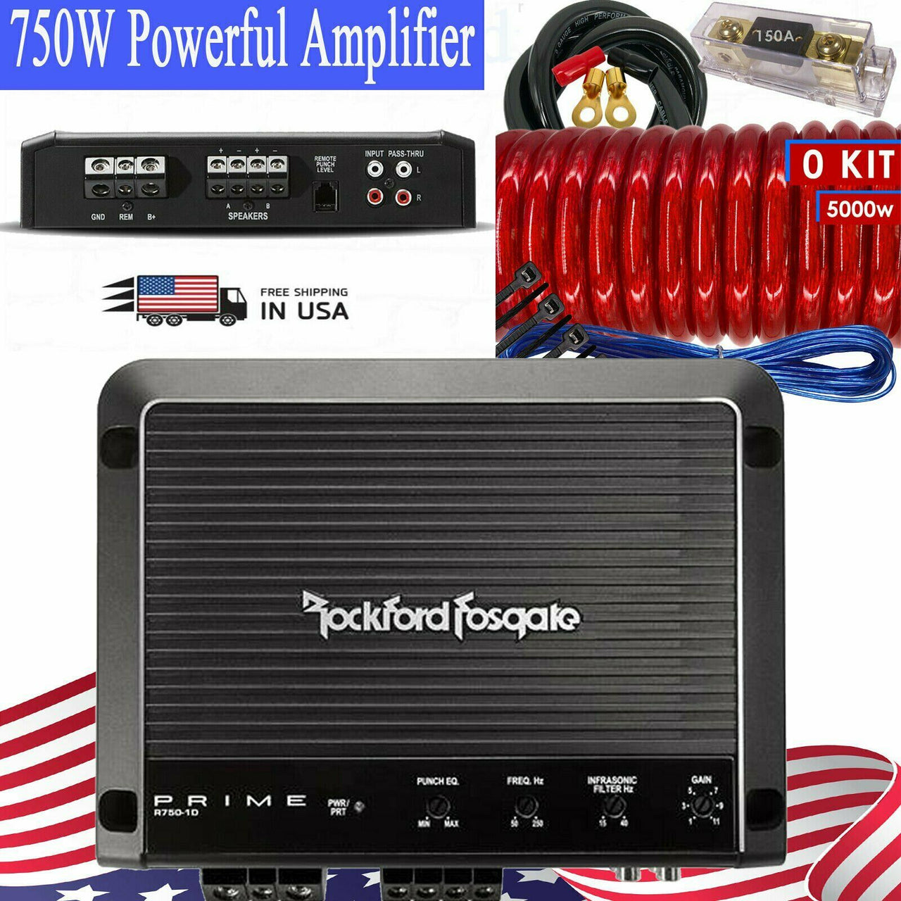 Rockford Fosgate PrimeR2-750X1750 Watts Monoblock Amplifier + 0 Gauge Amp Kit