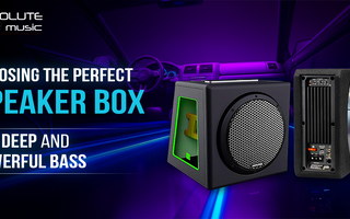 Two green car speaker boxes in a purple and blue car interior with text about choosing the perfect speaker box and the Absolute Pro Music logo.