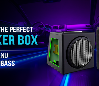 Two green car speaker boxes in a purple and blue car interior with text about choosing the perfect speaker box and the Absolute Pro Music logo.