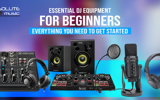 Essential DJ Equipment for beginners including speakers, mixer, microphone, and headphones.