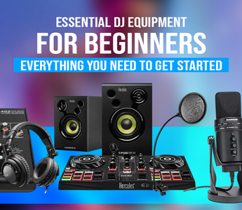 Essential DJ Equipment for beginners including speakers, mixer, microphone, and headphones.