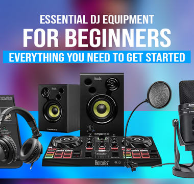 Essential DJ Equipment for beginners including speakers, mixer, microphone, and headphones.