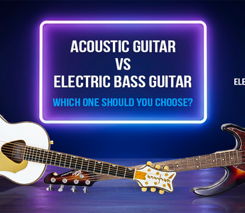 Acoustic Guitar vs. Electric Bass Guitar comparison image showcasing both instruments for choosing between them.