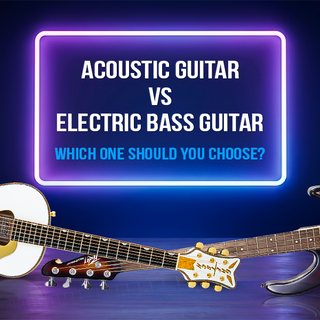 Acoustic Guitar vs. Electric Bass Guitar comparison image showcasing both instruments for choosing between them.