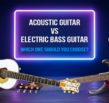 Acoustic Guitar vs. Electric Bass Guitar comparison image showcasing both instruments for choosing between them.