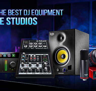 Image showcasing various DJ Equipment for home studios, including mixers, speakers, and headphones.