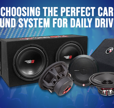 Car sound system components arranged to illustrate choosing the perfect car sound system for daily driving.