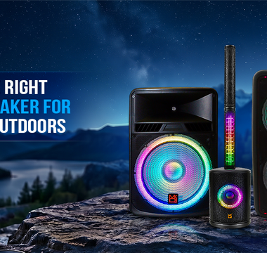 Portable speaker options showcased for travel and outdoor adventures against a scenic backdrop.