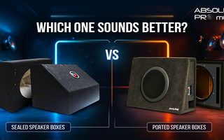 Comparison image of sealed speaker boxes vs ported speaker boxes with the text “Which One Sounds Better?” on a colorful car audio background.