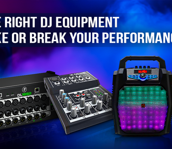 Banner showing DJ equipment including audio mixer, stage box, speaker with LED lights, and microphone with text “Why the Right DJ Equipment Can Make or Break Your Performance” and Absolute Pro Music branding.