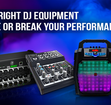 Banner showing DJ equipment including audio mixer, stage box, speaker with LED lights, and microphone with text “Why the Right DJ Equipment Can Make or Break Your Performance” and Absolute Pro Music branding.