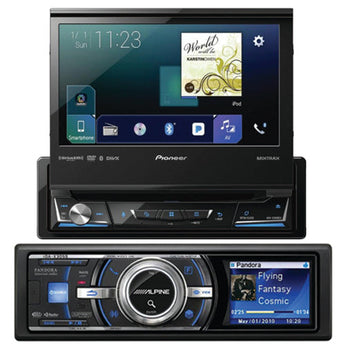Single-DIN Car Stereos featuring Pioneer and Alpine models with various multimedia functions.