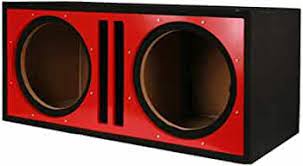 15" empty subwoofer enclosures boxes with dual openings and a sleek red and black design.