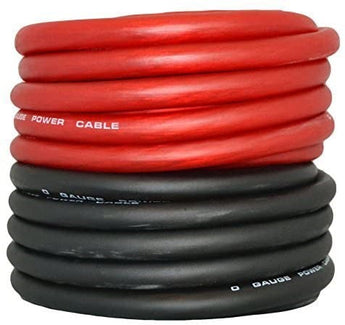 Power & Ground Wire collection featuring red and black 0 gauge power cables stacked together.