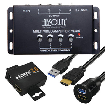 Video Accessories including a multi video amplifier, HDMI adapter, and USB cables for enhanced video performance.