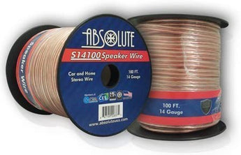 14 Gauge Speaker Wires on spools displaying 100 ft length and brand name Absolute for car and home audio.