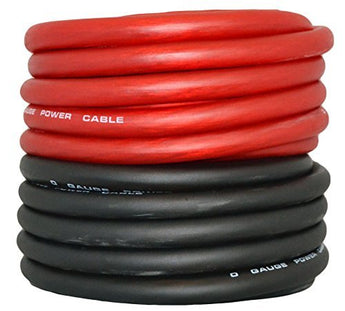0 Gauge Power & Ground Wire in red and black cables stacked together for efficient wiring.