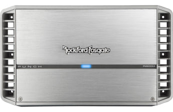 4-Channel Marine Amplifiers Rockford Fosgate Punch PM600X4 front view with sleek design and blue LED light.