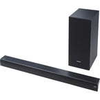 Sound Bars featuring a sleek black design with a soundbar and a subwoofer for enhanced audio experience.