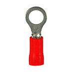 Red ring terminal with metal loop for electrical connections, ideal for reliable wiring. Ring Terminals.