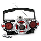 Silver and black boombox with red accents and remote, showcasing classic boomboxes style.