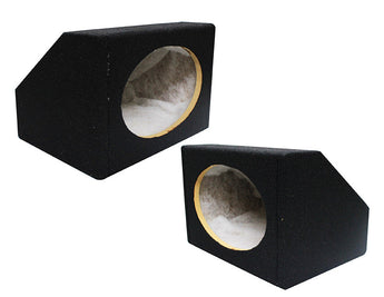 Two speaker enclosures boxes showcasing a black exterior and inner material for sound quality.