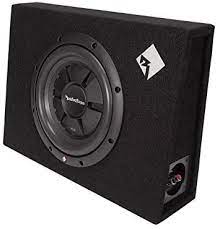 Angled & Truck Loaded Subwoofer Enclosures Boxes featuring a sleek black design and powerful subwoofer.