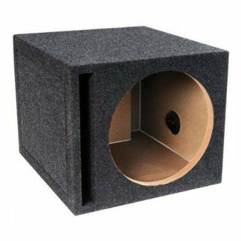 Ported Vented Empty Subwoofer Enclosures Boxes showing a subwoofer enclosure with a port and internal wood construction.