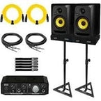 Studio Monitors & Speakers complete set with stands, cables, and interface for professional audio setup.