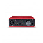 Red audio interface showcasing controls and connections for optimal performance in audio interface systems.