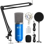 Microphone Accessories including a blue microphone, shock mount, pop filter, and arm for optimal sound quality.